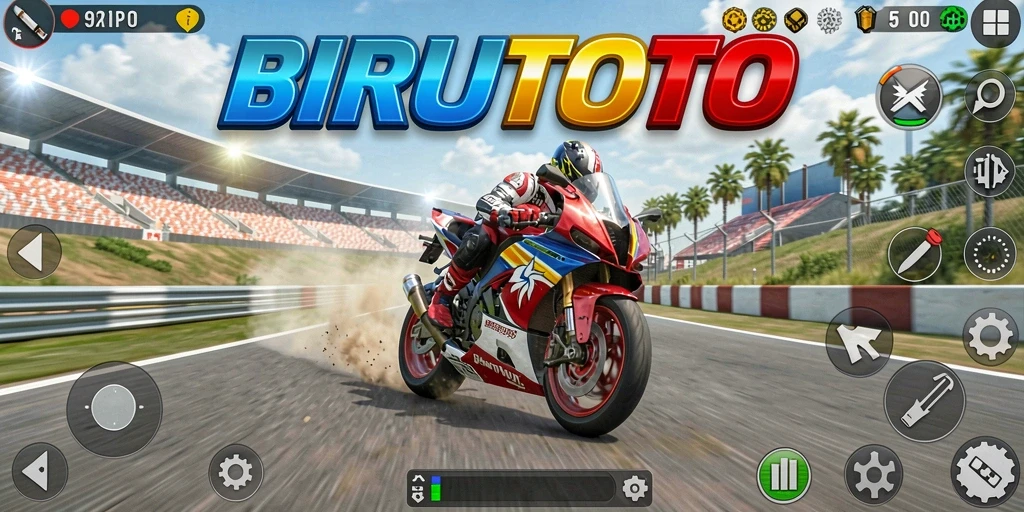 Tampilan gameplay BIRUTOTO dengan balapan motor yang mendebarkan.