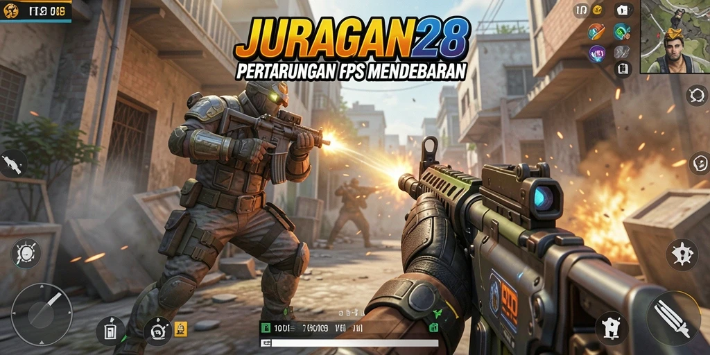Screenshot gameplay JURAGAN28 yang menunjukkan aksi pertarungan FPS yang intens.
