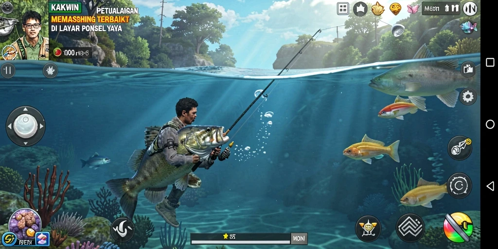 Screenshot KAKWIN menampilkan momen menangkap ikan yang memukau di lautan.