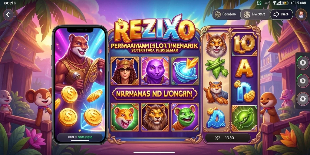 Screenshot menampilkan gameplay seru dari REZIXO dengan berbagai simbol menarik.